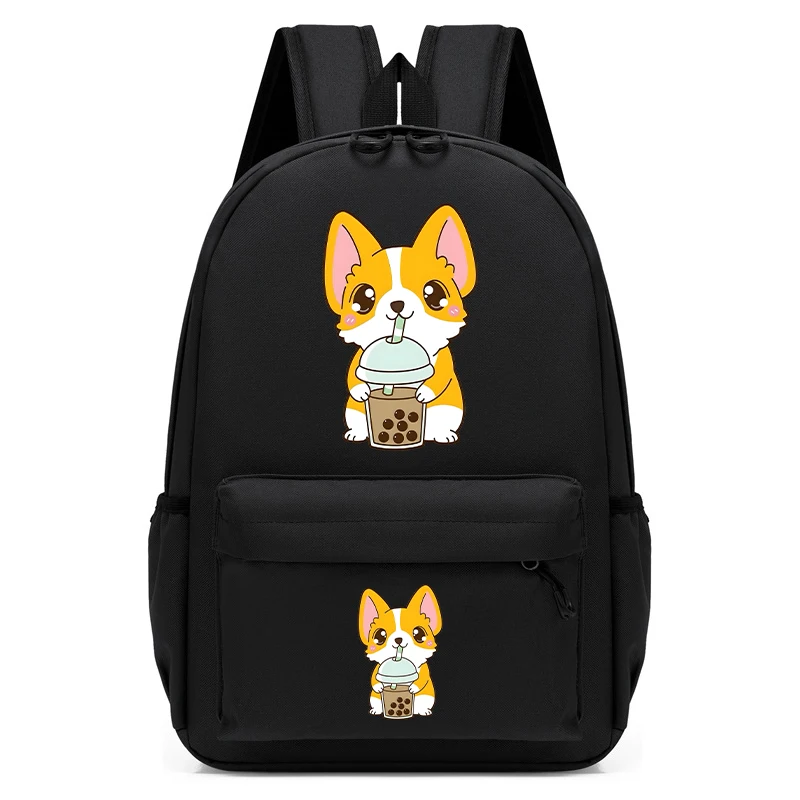 Children Schoolbag Boys Girls Corgi Dog with Bubble Tea Boba Cartoon Backpack School Backpack Back To School Kawaii Schoolbag