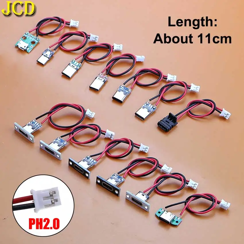 5pcs USB Adapter Cable PH2.0mm Terminal Micro USB Jack Type-C Charging Port 2P Strip Line Of Solder Joint Male Female Connector