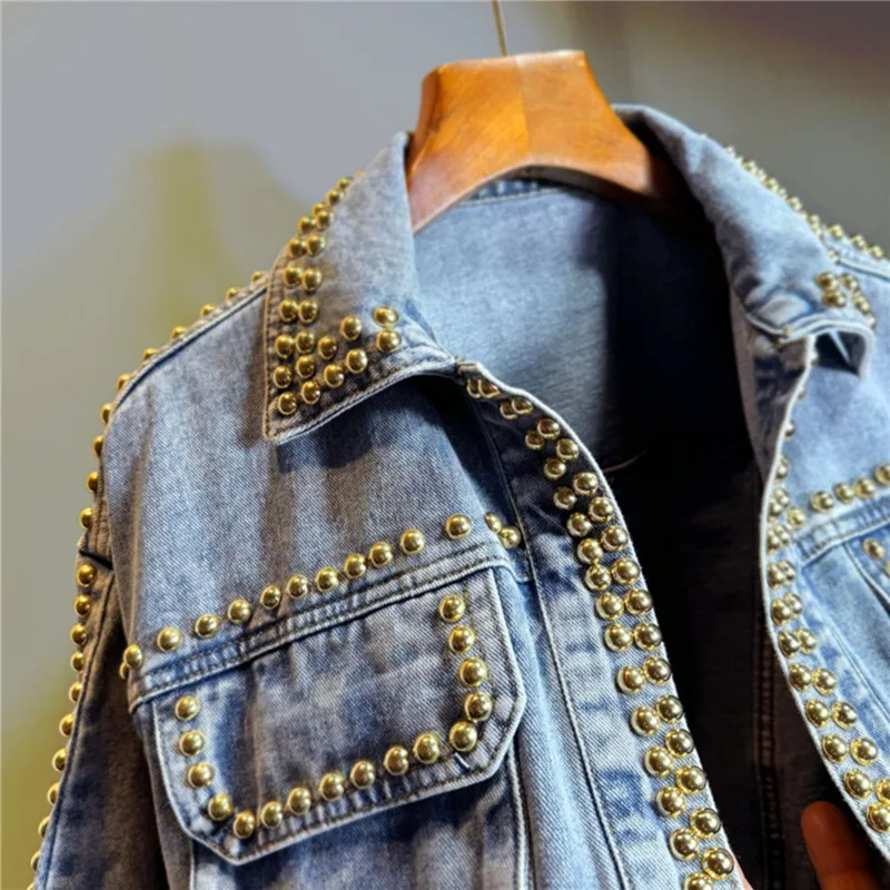 Schwere Arbeit Niet Denim Jacke Frauen Kurze Strickjacke Mantel Frühling Herbst Neue Koreanische Lose Große Tasche Langarm Jeans Jacke Mantel