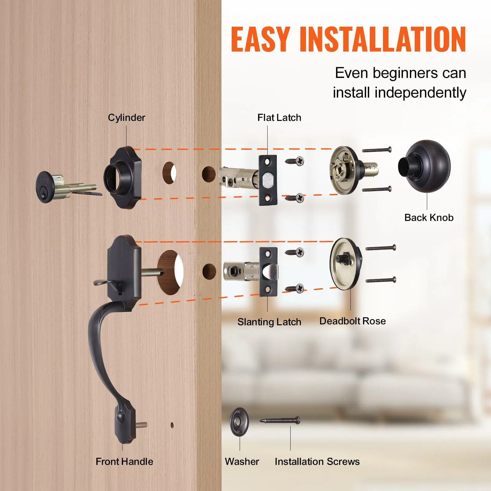 Front door handle and deadbolt kit, interior knob front door latch kit, adjustable bore single cylinder handle