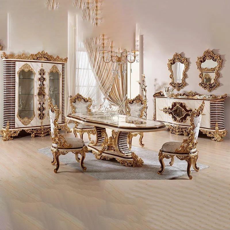 Empire Square Teak Solid Wood Luxury Baroque European Oval 6 Seat Dining Table Set Hand Carved Royal Palace Hotel Furniture