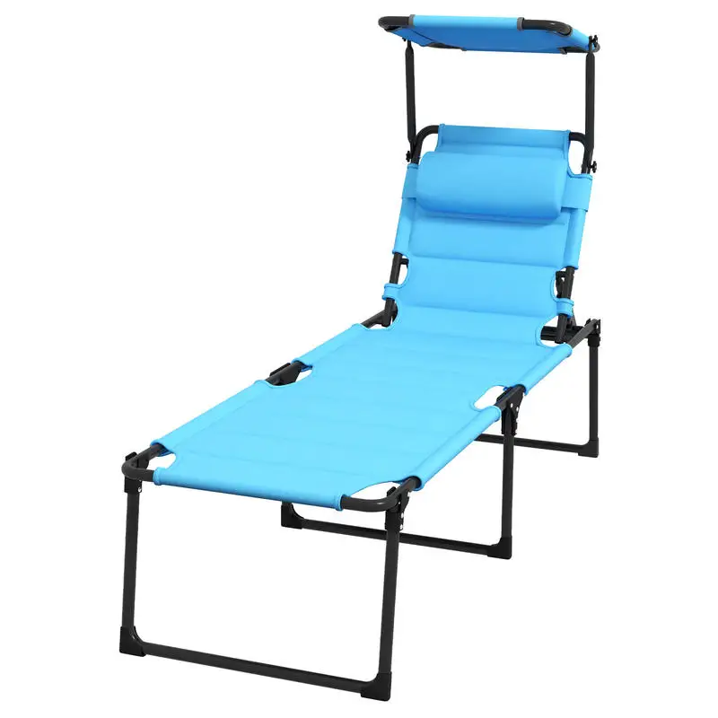 Outdoor Lounge Chair, 4 Position Adjustable Backrest, Folding, Cushioned w/ Sun Shade Roof & Pillow, Blue