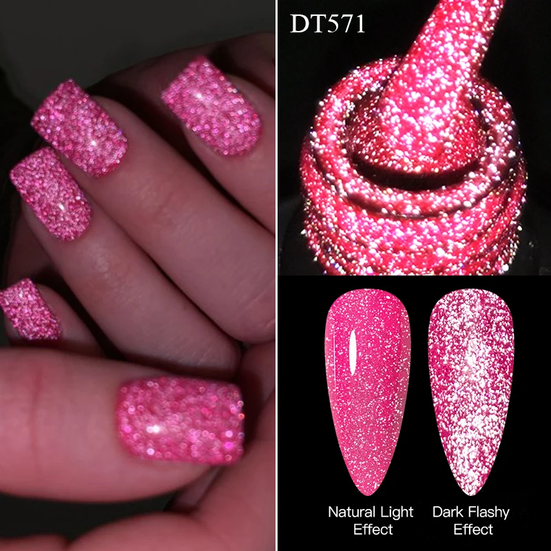 MEET ACROSS 7ml Red Pink Fluorescent Reflective Gel Nail Polish Glitter Sparkly Neon Semi Permanent UV LED Gel Nail Art Varnish