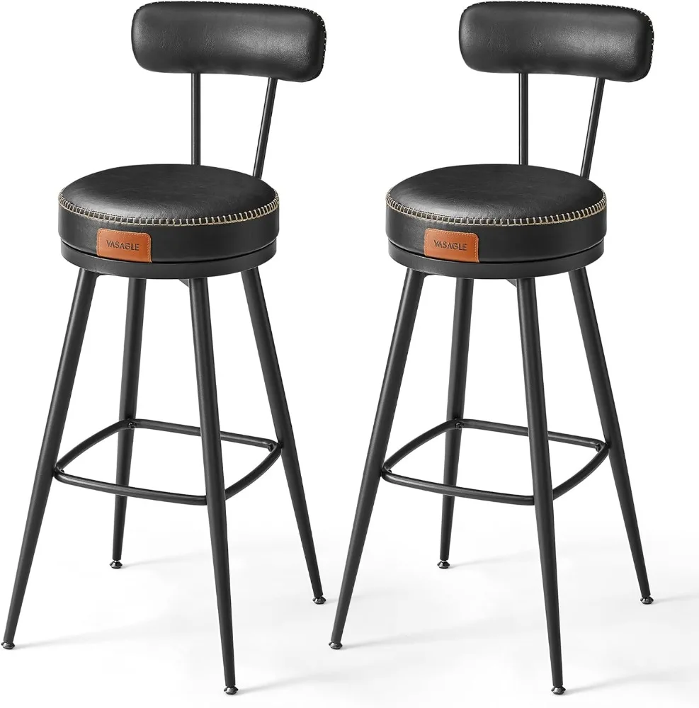 VASAGLE EKHO Collection - Bar Stools Set of 2, Bar Height Swivel Bar Stools with Back, Synthetic Leather with Stitching