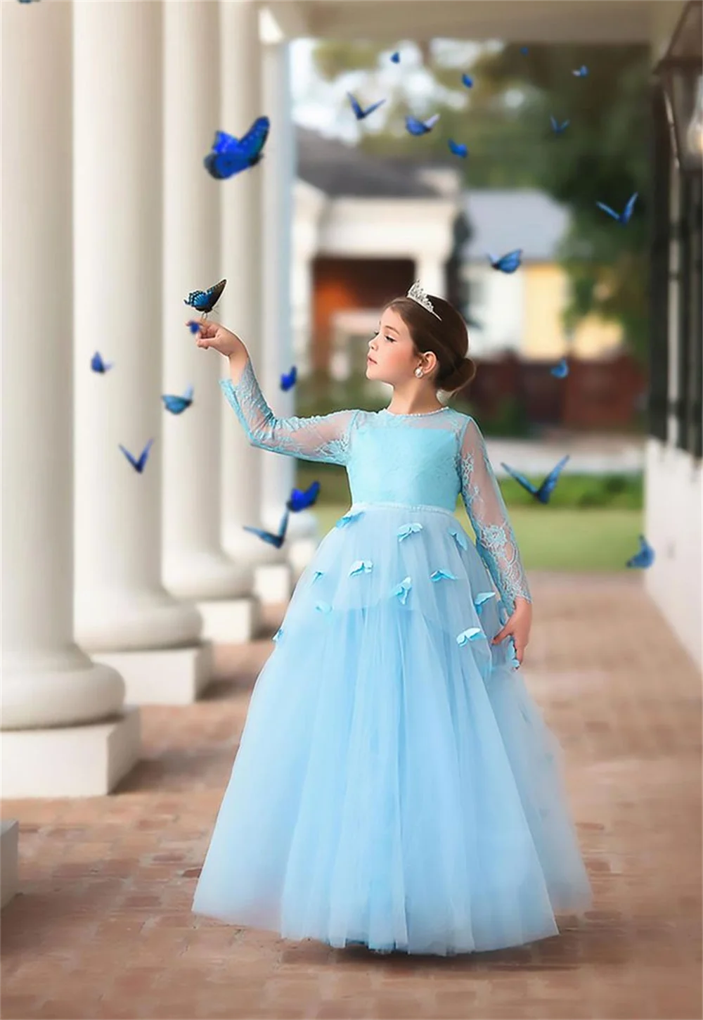 Vestido elegante azul claro de flores para niña, gasa de mariposa, corte en A, primera comunión, fiesta de cumpleaños, boda, evento Formal