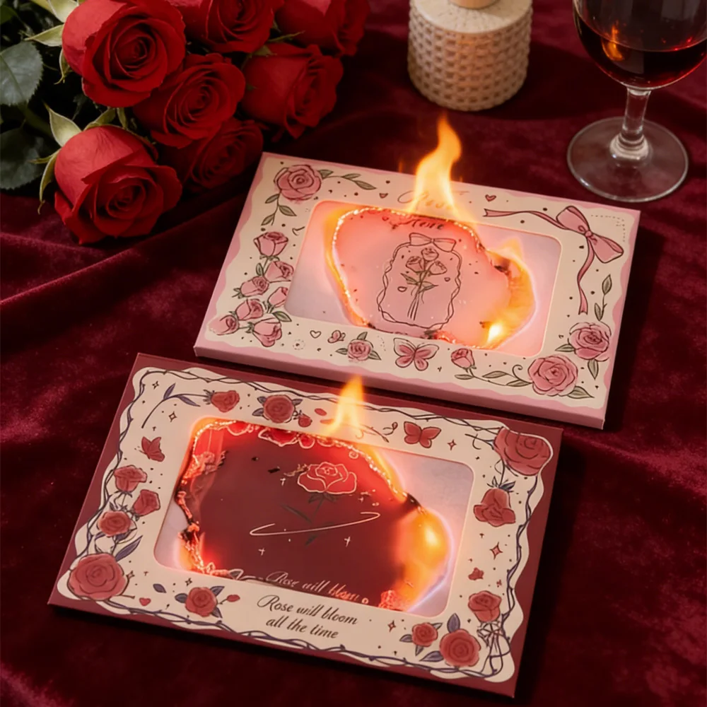 4pcs Magic Flame Burning Rose Card Creative Heart-to-Heart Surprise Greeting Card for Anniversary Valentine's Day Wedding HBTY