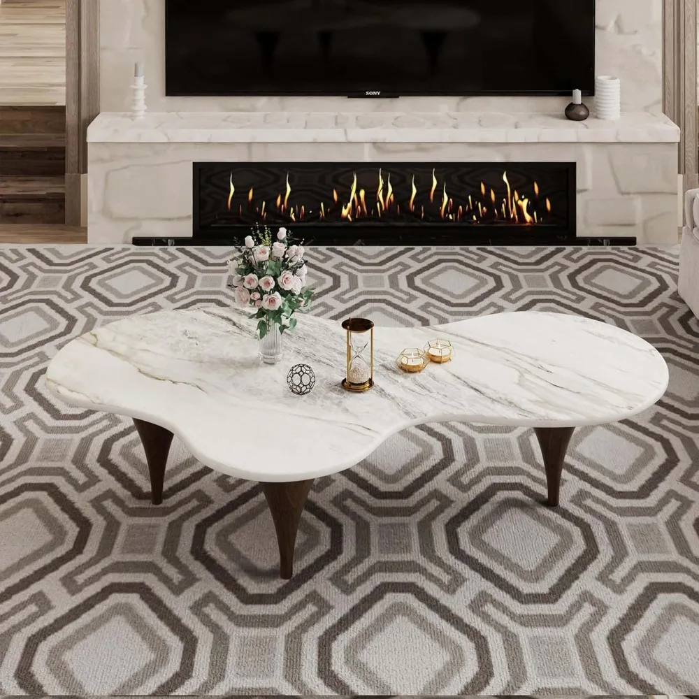 

Modern Wave Coffee Table, Irregular Center Table with Marble-Look and Top Wood Legs, Sintered Stone Coffee Table for Living Room