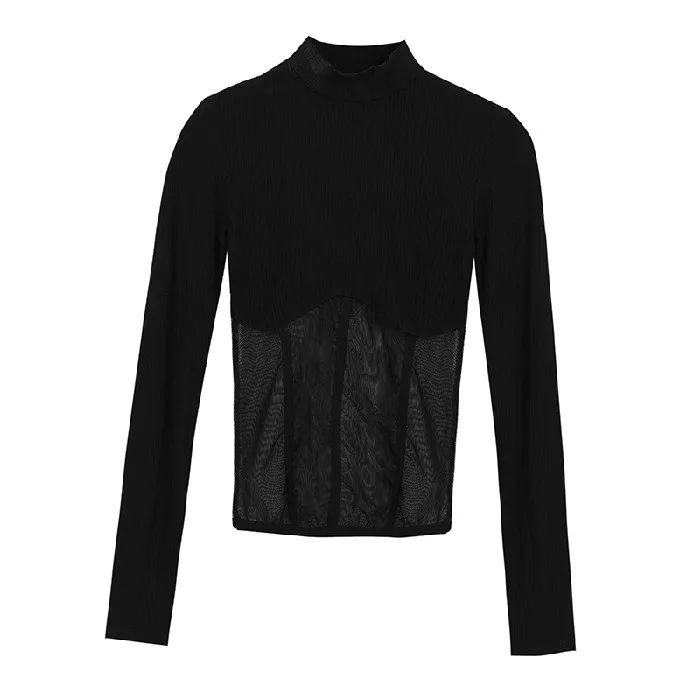 

Женская модная уличная одежда, облегающий топ, сексуальная прозрачная сетчатая лоскутная одежда с длинными рукавами, базовая универсальная одежда