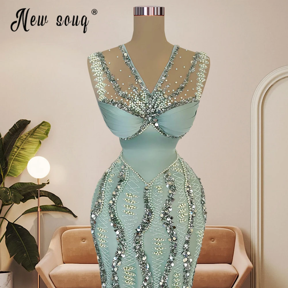 Árabe V Neck Vestido de Noite Withe Beading Cristais para As Mulheres 2023 Green Prom Vestidos de Luxo Mulheres Wedding Party Dresses Plus Size