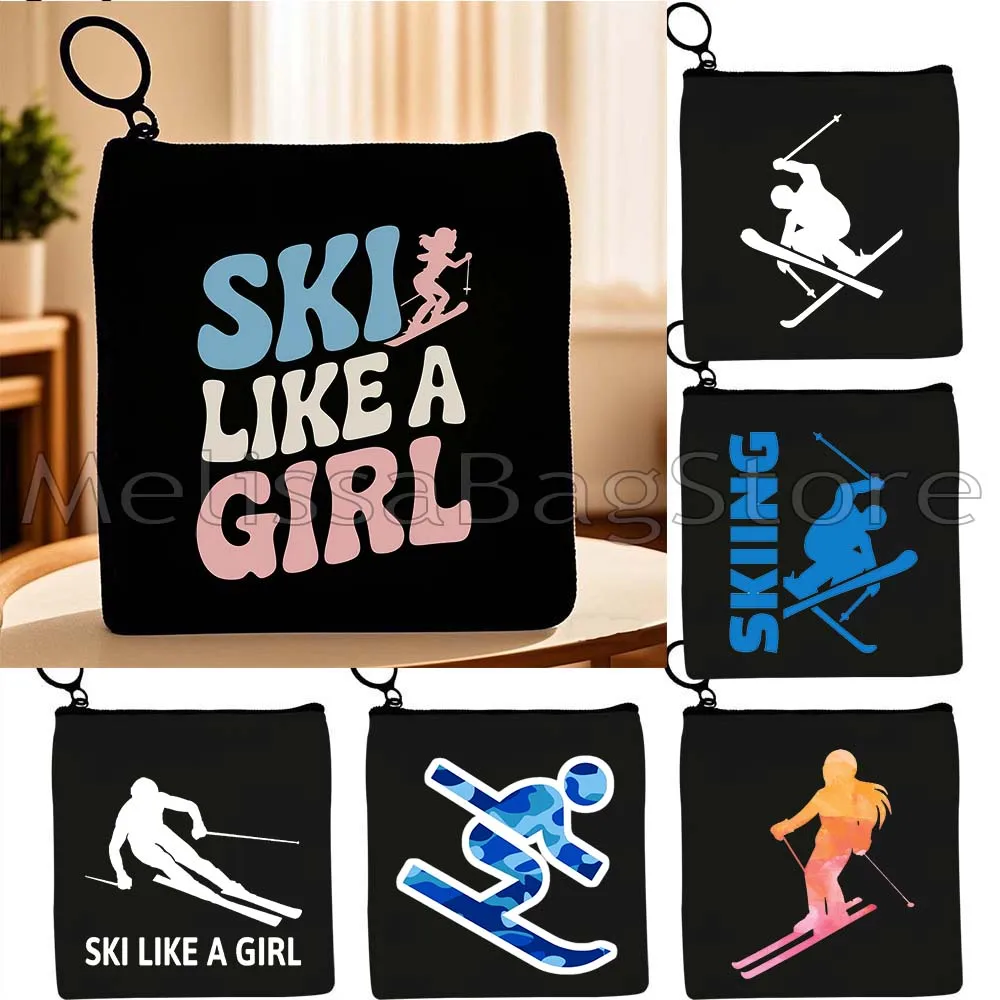 Colorful Ski Like A Girl Tote Bag Mountain Skiing Lover Snowboard Cute Ski Jumper Canvas Key Coin Purse Cute Bag Wallet Pouch