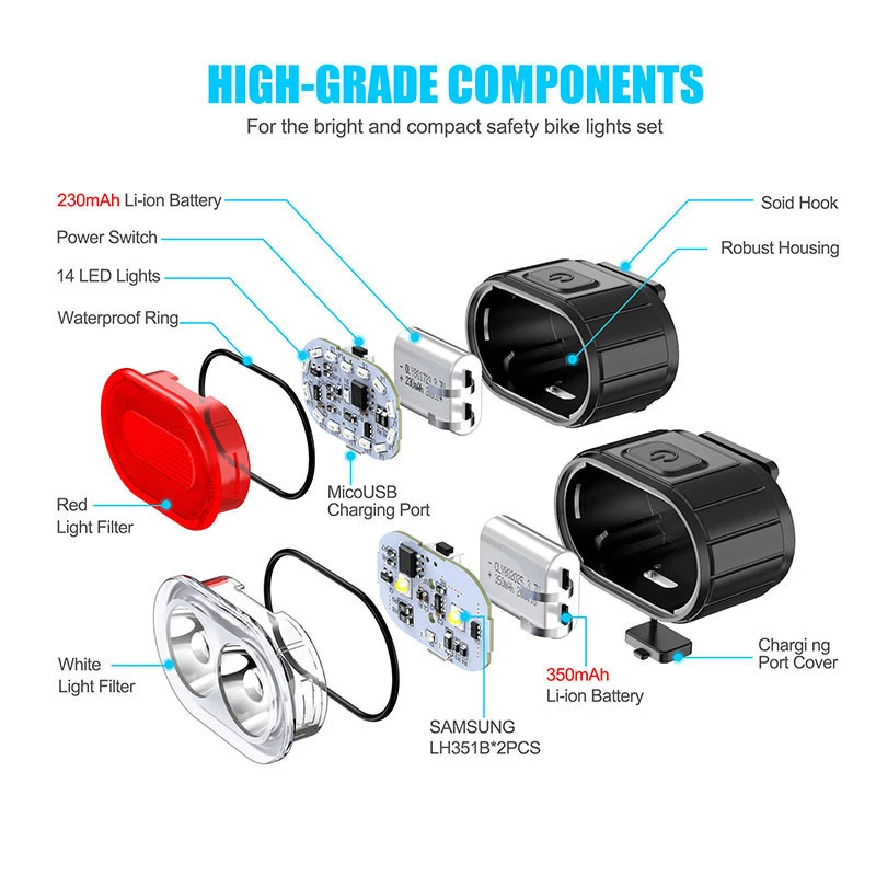 4 Modes 350Mah USB MTB Road Bicycle Headlight 6 Modes 230Mah Rechargeable Cycling Taillight LED Bicycle Front Light Head Lamp