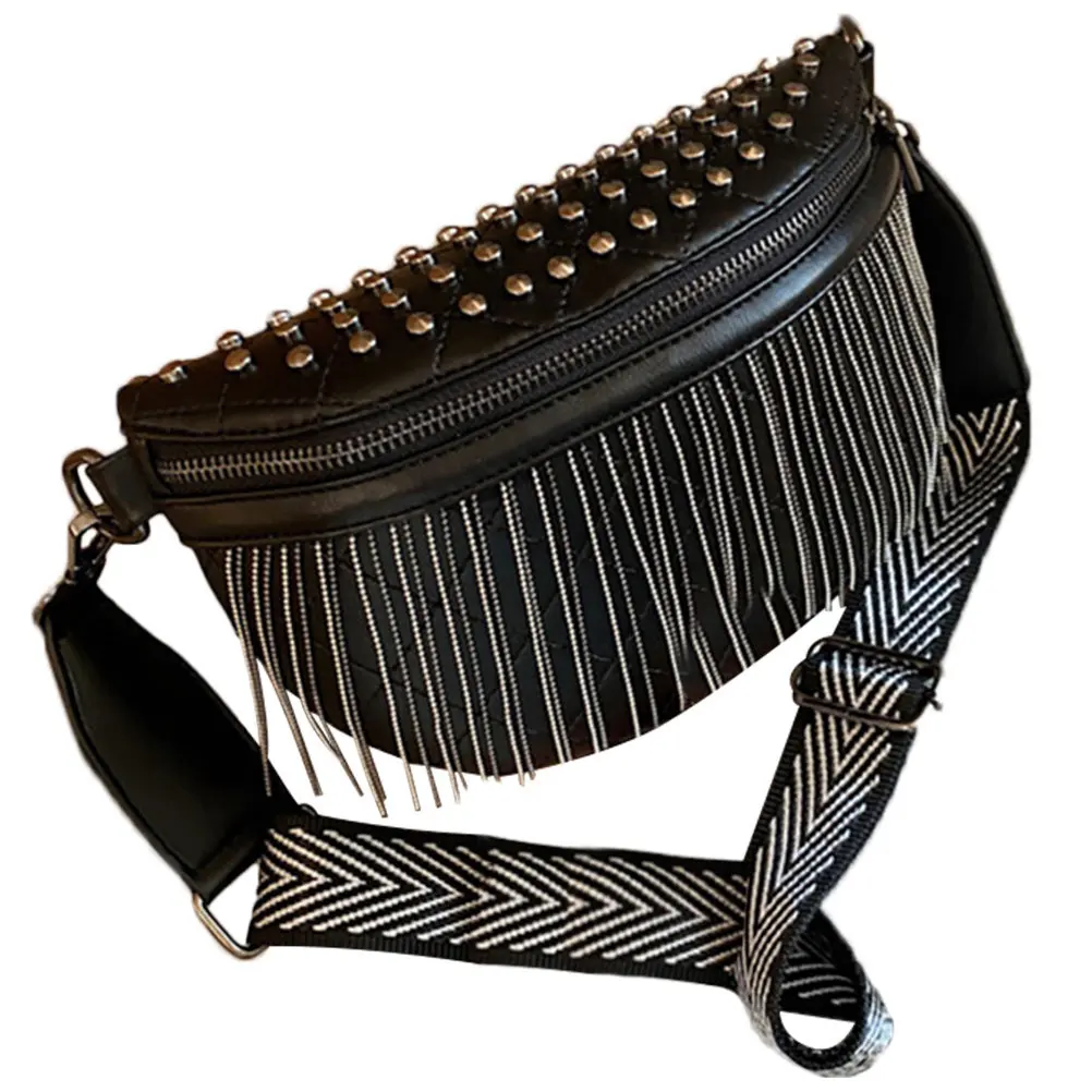 

Women Lightweight Large Capacity Crossbody Fanny Pack Stylish Rivet Tassel Chest Bag for Party Shopping Travel Outdoor Use