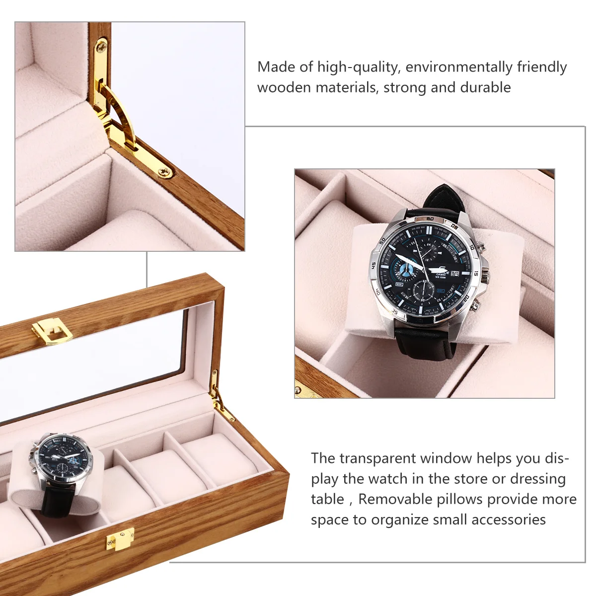 

1Pcs Vintage Wooden Watch Case 6 Slots Removable Pillows Storage Organizer Display Box Scratch Watch Box