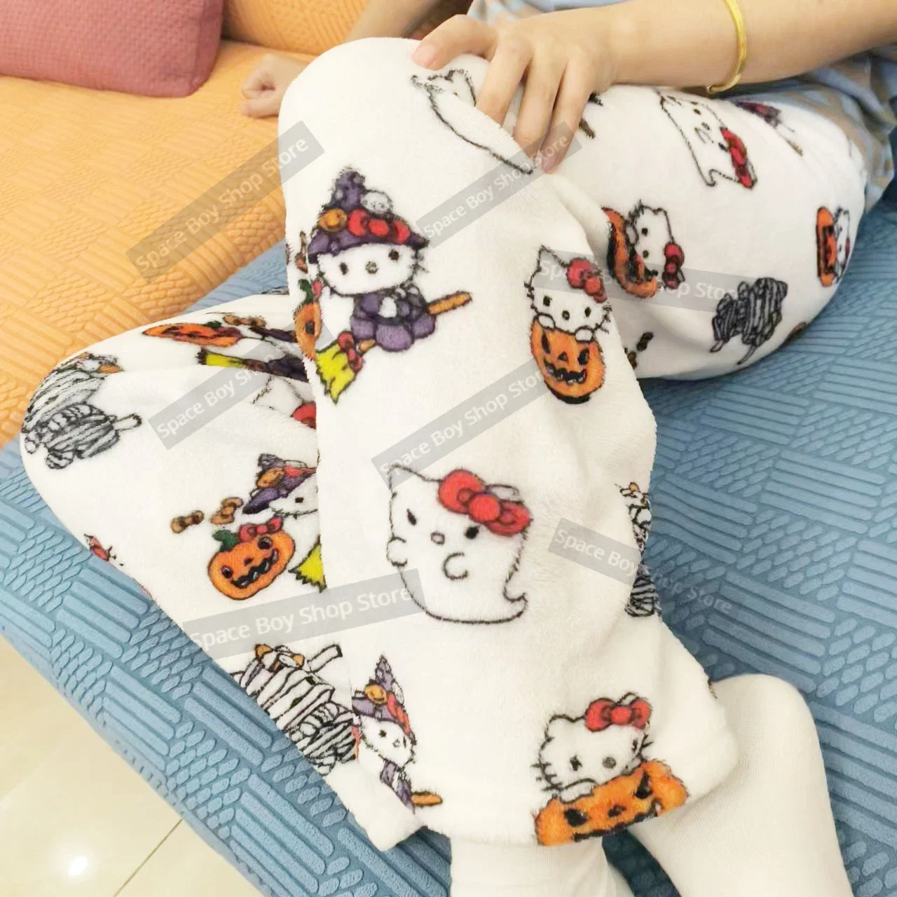 Sanrio-Calça de pijama feminina Hello Kitty, tecido elástico duplo, calças macias, desenho kawaii, prenda de aniversário, anime, novidade