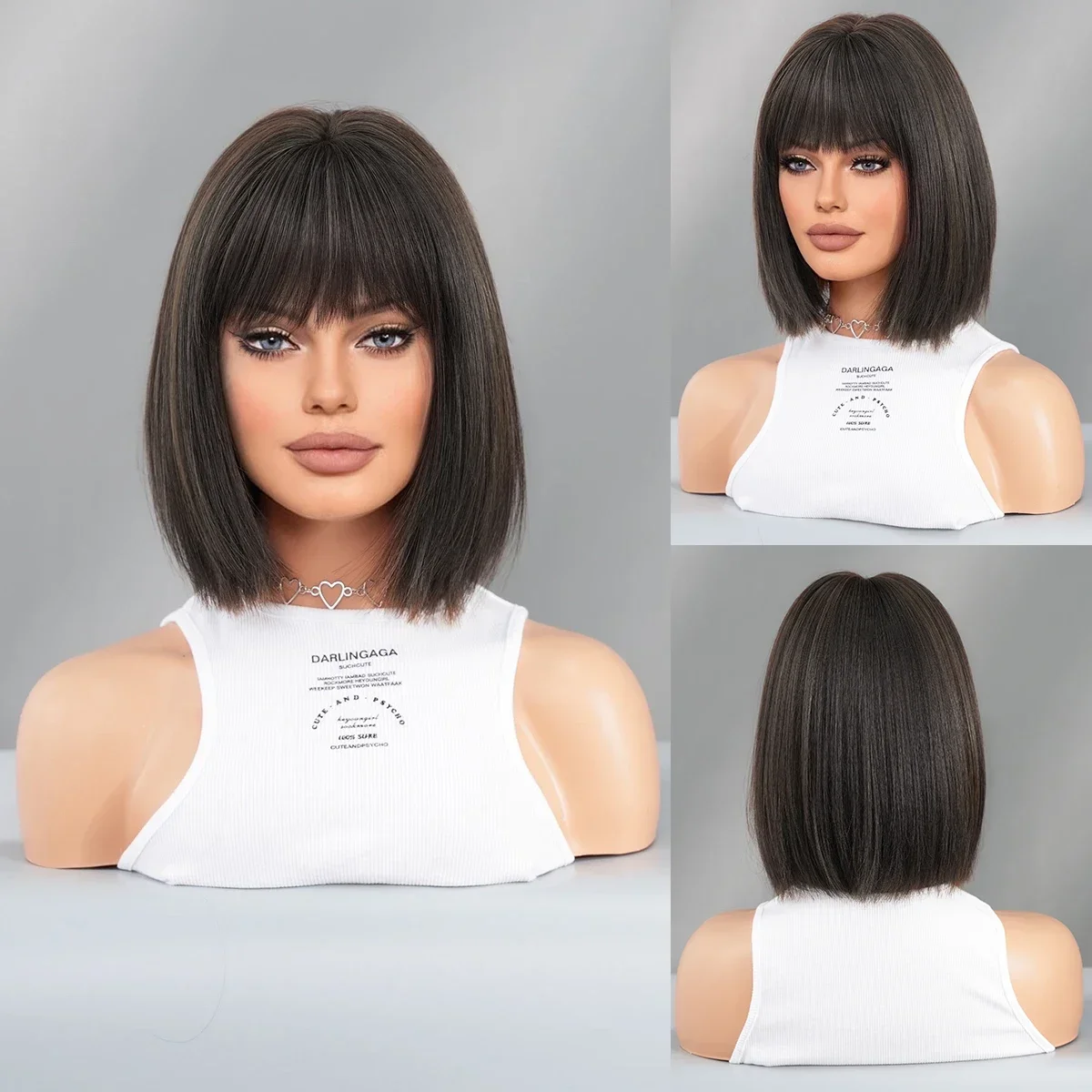 

PARK YUN Short Straight Highlight Deep Brown Bob Wig for Women Daily Party High Density Synthetic Loose Hair Wigs With Bangs