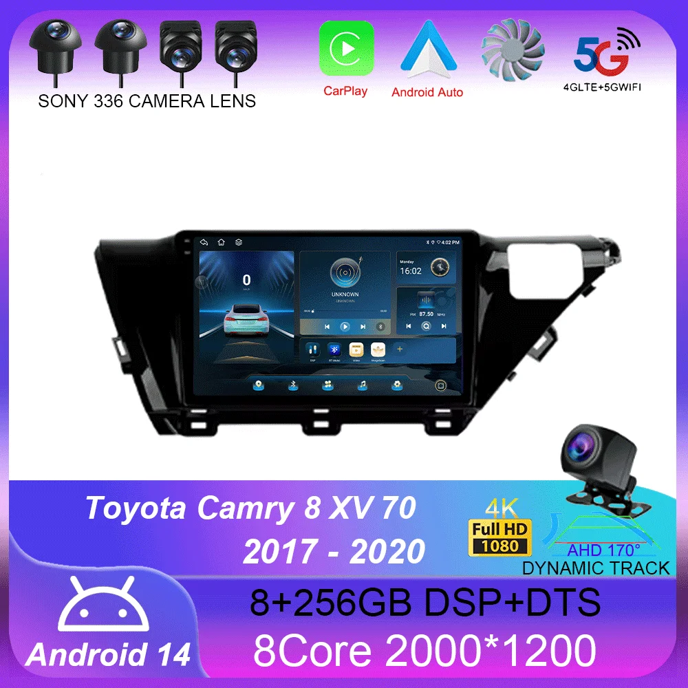 

Автомагнитола для Toyota Camry 8 XV 70 2017 - 2020 Carplay, 4G + Wi-Fi, GPS, навигация, мультимедийный видеоплеер, стерео, BT, Android 14