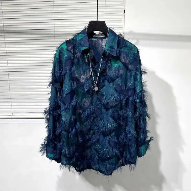Spring Summer Men's Gradient Tassel Shirt French Casual Fashion Street Style Hollowed Out See Through Mesh Long Sleeved Shirts