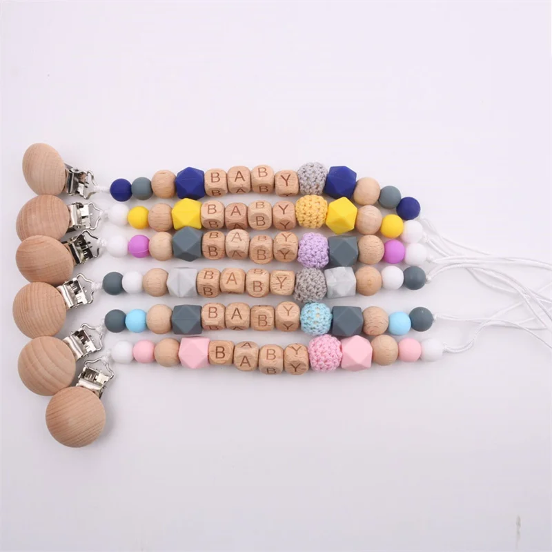 Customized Wood Pacifier Clip Beech Letter Beads Safe Teething Chain Personalized Name Baby Teether Dummy Clips Holder Toy Gift