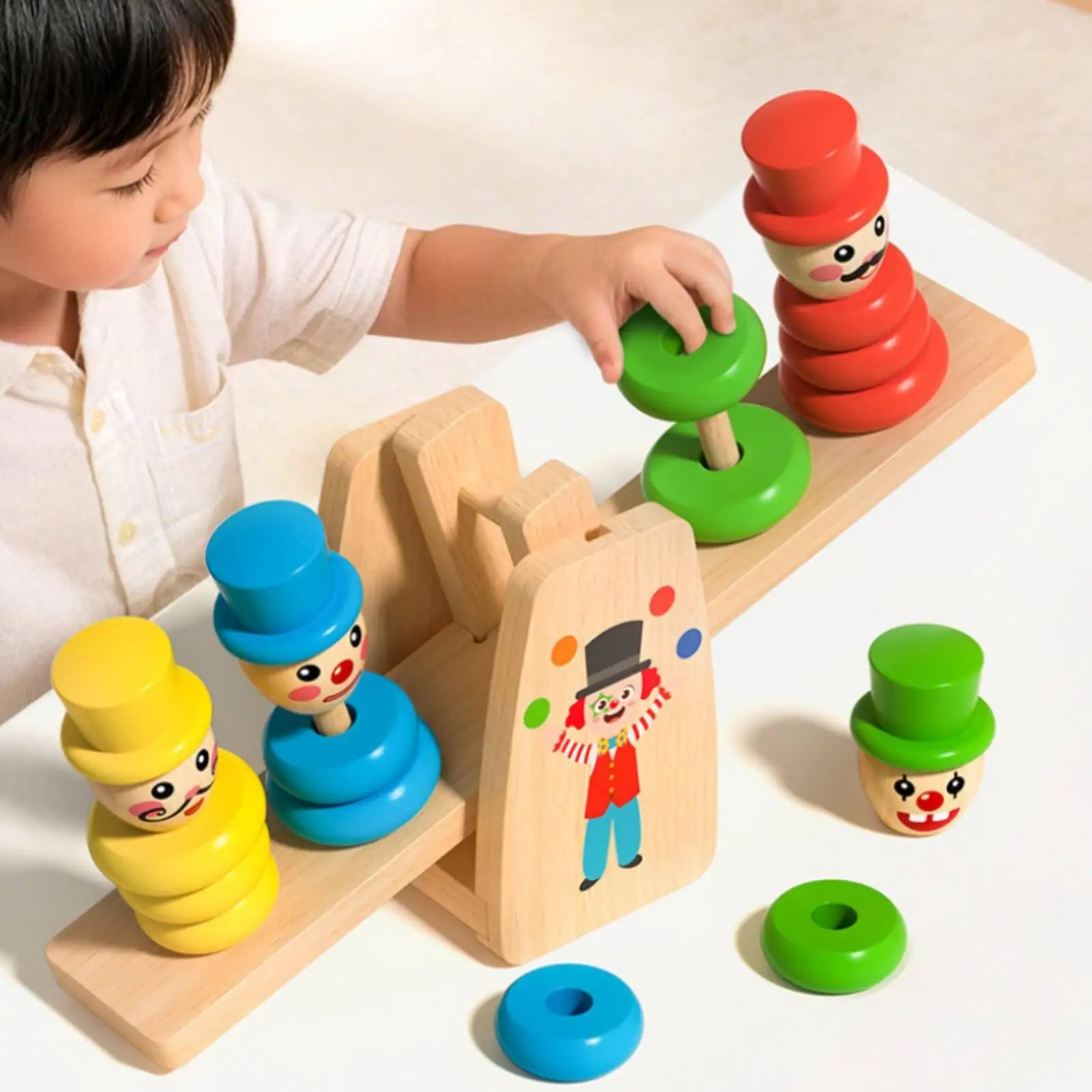 Clown Stacking Balance Game Parent-Child Interaction Wooden Balance Beam Toy Improves Motor Skills Seesaw Stacking Blocks for