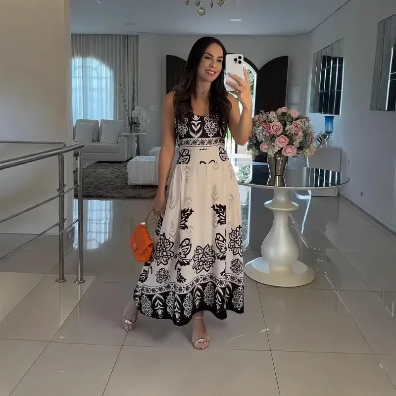 Abito estivo da donna con stampa bohémien Abito elegante da celebrità con scollo all'americana scava fuori il maxi abito da sera Boho per le vacanze di festival slim