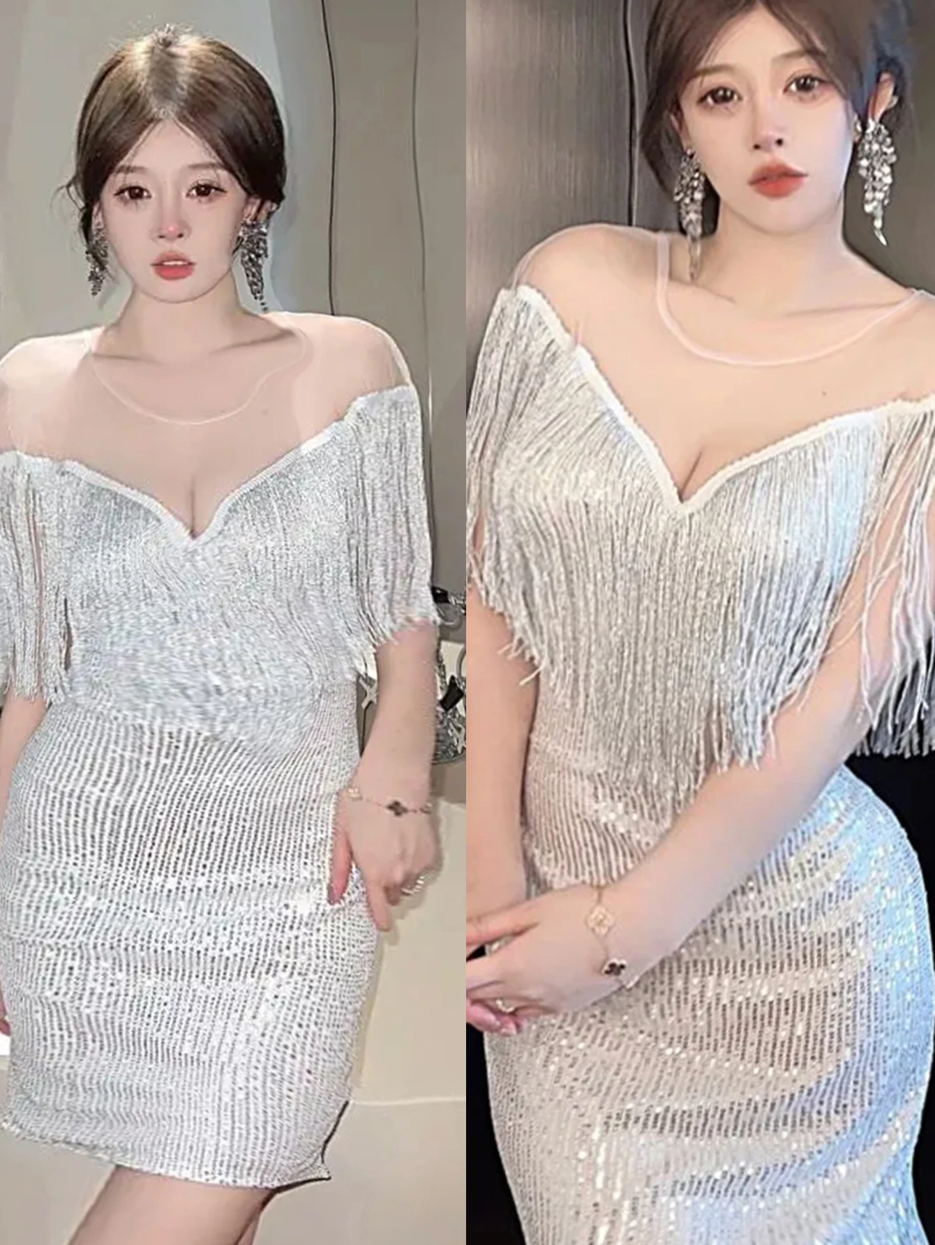 Plus Size Fashionable Sequin Dress Women Tassel Mesh Transparent O-neck Evening Dress Sexy Hollow Cocktail Party Dresses