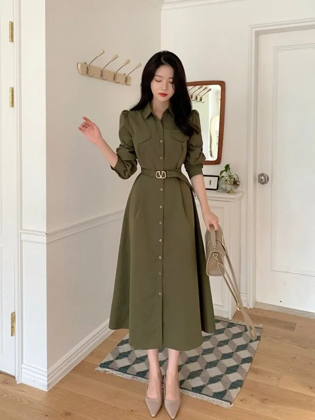 Elegant Belted Waist Maxi Dress Women's Chic Autumn Winter New Light Maturity Style High Waist Skirt Korean Style Long Dress