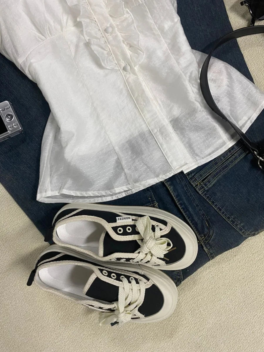 BaoYao Girl Original White Wood ain Ruffle Square Collar ort Sve irt Women Summer Design Sensation Small irt