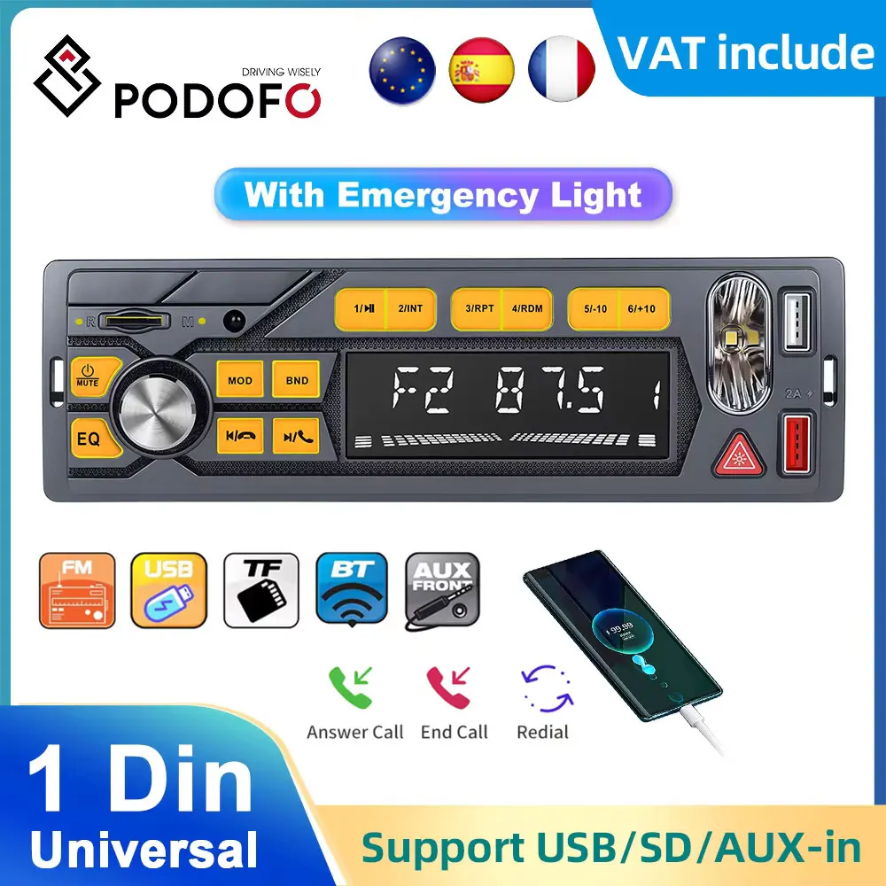 Podofo 1din In-Dash Car Radio Stereo Digital Bluetooth Audio Music Car Radio MP3 Player USB/SD/AUX-IN FM 12V Radio