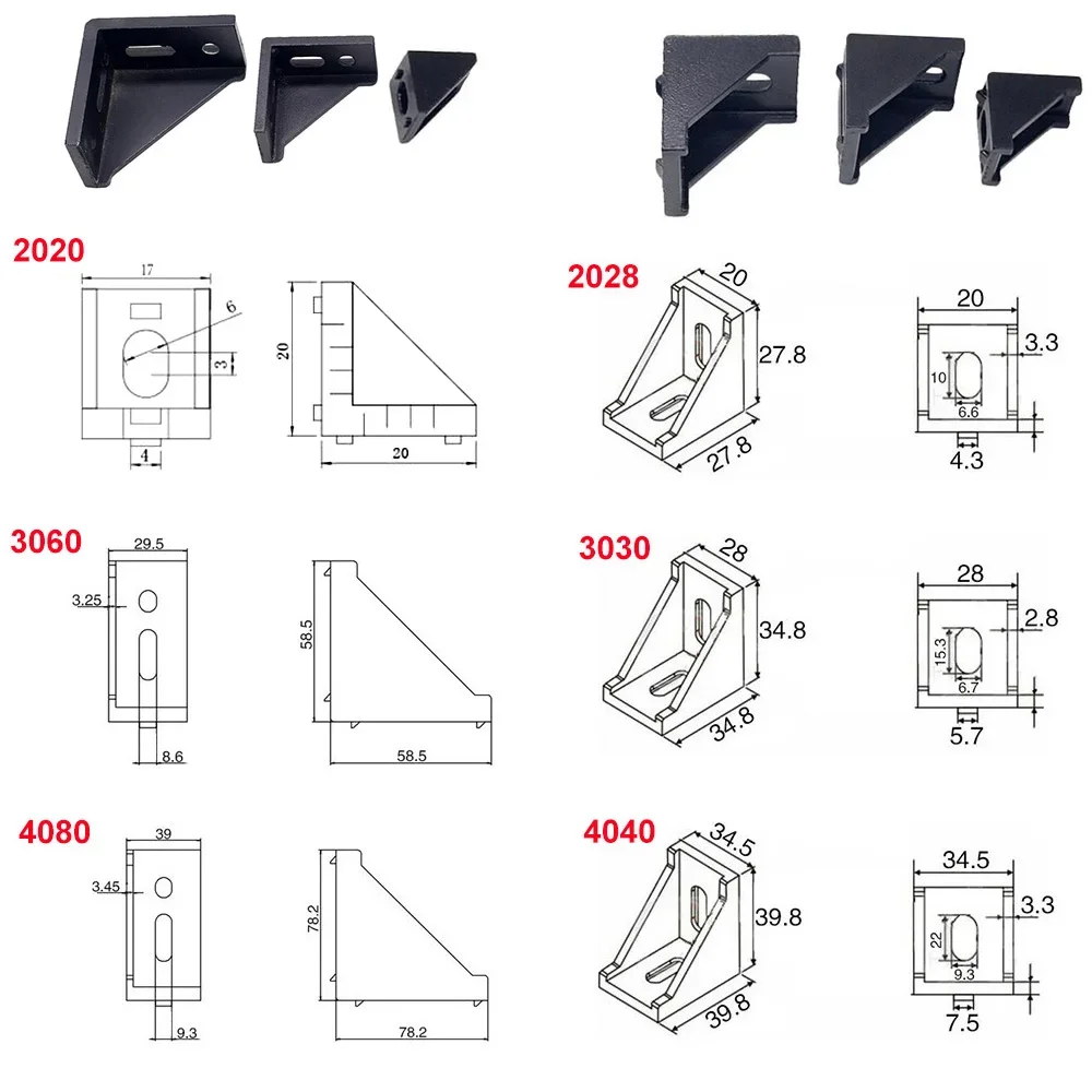 5pcs/10pcs 3030 Corner Bracket Fitting Black Angle Aluminum Connector 3060 4040 4080 for Industrial Aluminum Profile