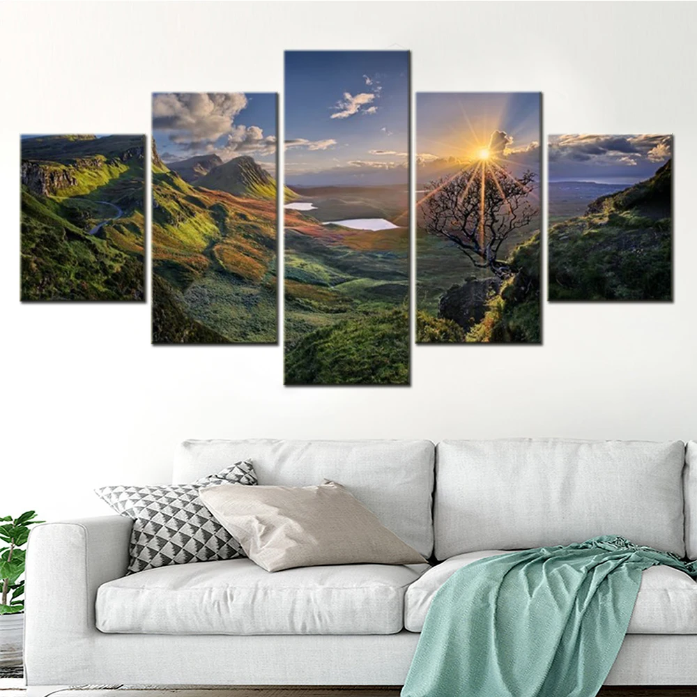 5 Pieces Wall Art Canvas Nature Landscape Poster Skye Island Sunset Lake Hill Scotland Wallpaper Painting Living Room Home Decor