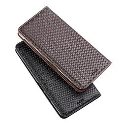 Genuine Cowhide Leather Flip Case For Samsung Galaxy S24 Ultra S23 S22 S21 FE Small Grids Texture Card Slots Holder Wallet Cover