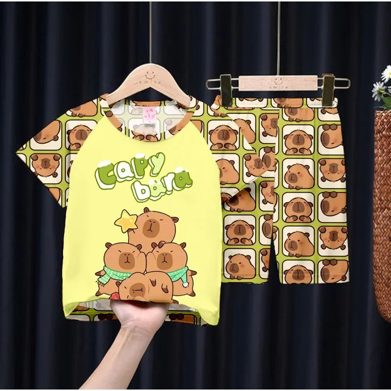 Children's Summer Thin Pajamas Short Sleeve Cartoon Kapibala T-shirt Tops + Shorts Sleepwear Boys Girls Casual Clothing Sets