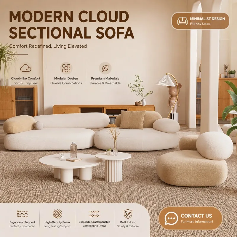 Minimalist Cloud Shape Modular Sofa Set, Boucle Fabric Curved Couch Soft Cushion for Living Room High‑Density Foam Support