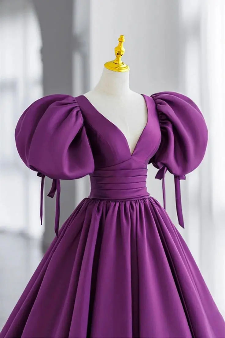 Robe de Soirée Violette à Manches Bouffantes, Tenue de Bal Simple, Formelle, Personnalisée, P2489