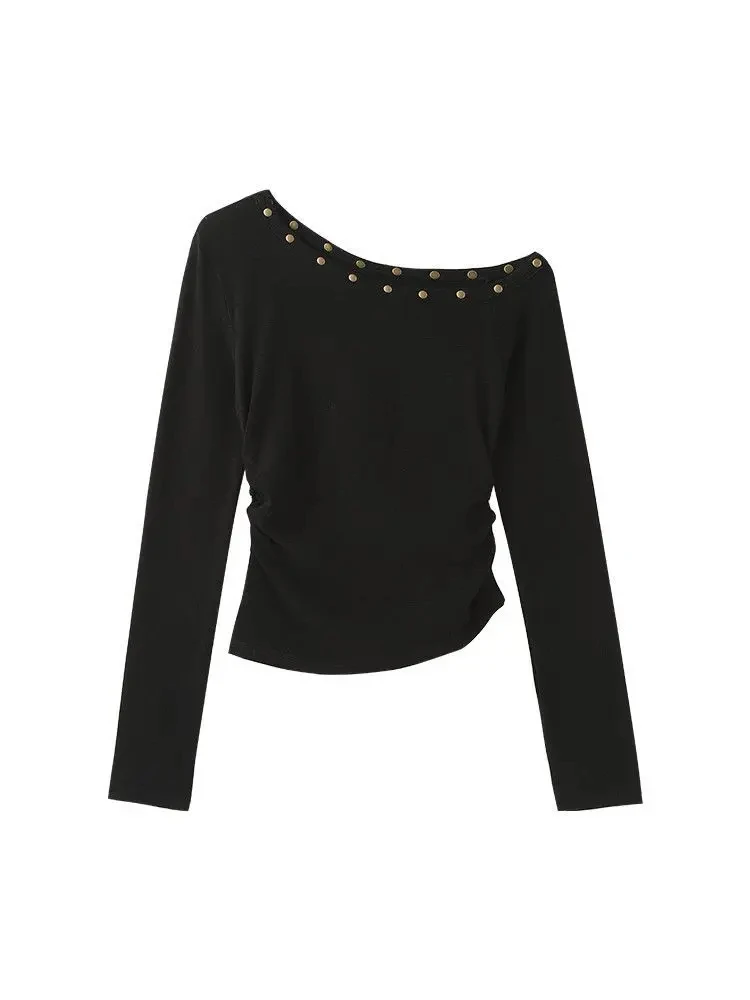 Y2k estética outono vintage rebite tshirts streetwear feminino gola inclinada grunge t harajuku irregular plissado bodycon tshirt