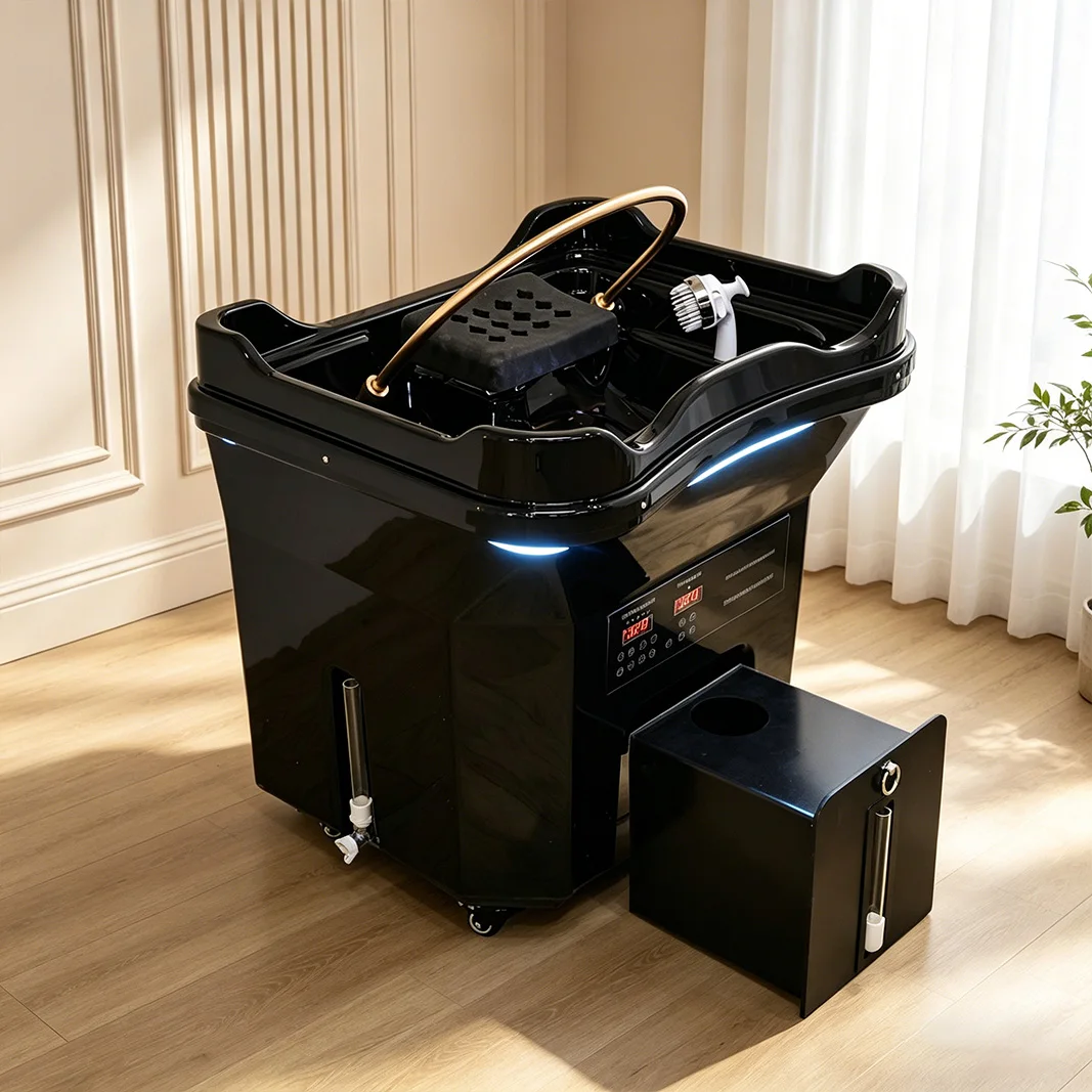 Black Mobile Shampoo Basin Head Spa Vat with Water Heater Storage and Pipeless Design with Steam LED Light for Salon Convenience