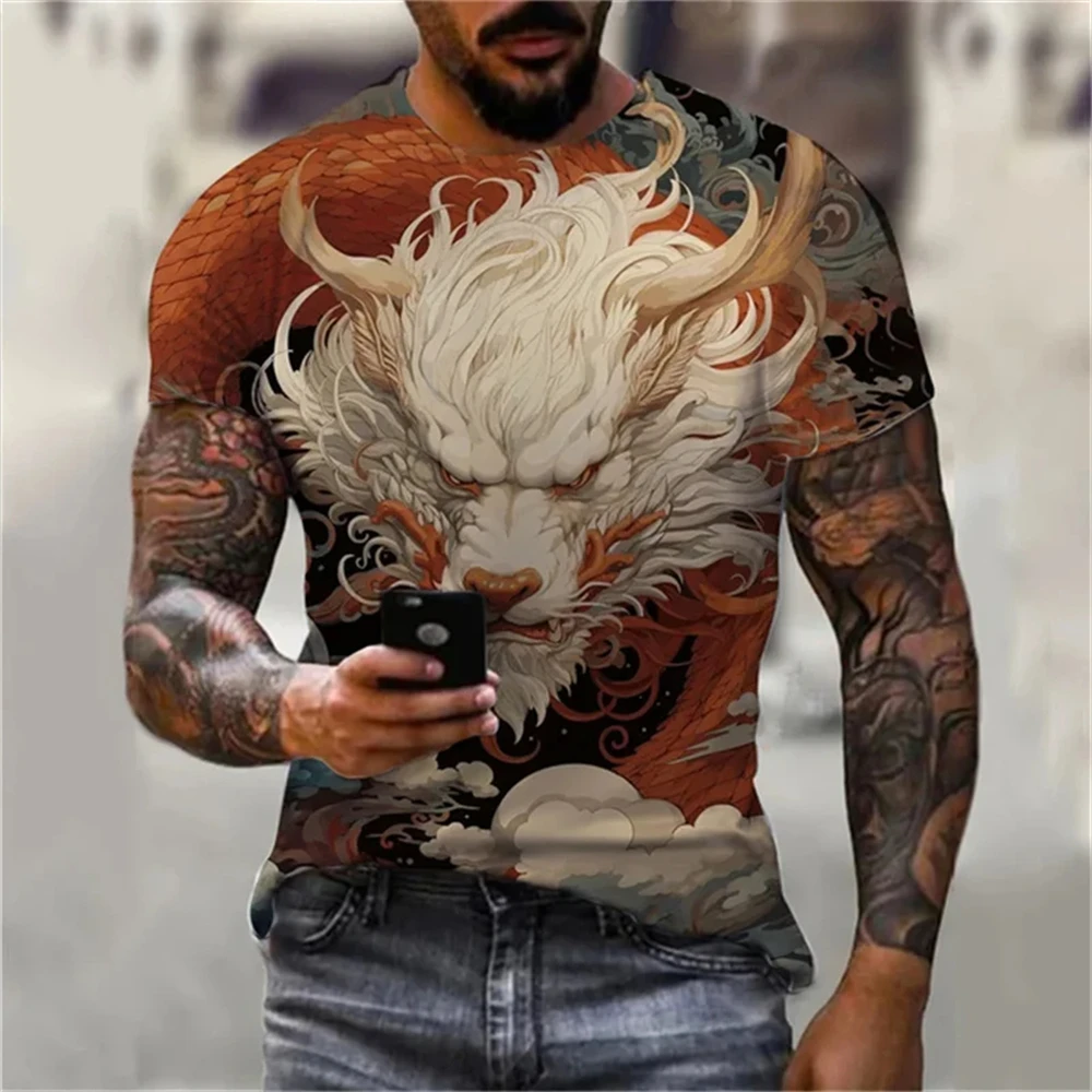 Fashion 3D Dragon Pattern Printed T Shirt for Men Casual Hip Hop Trend Harajuku Streetwear Summer Loose O-Neck Short Sleeve Tops