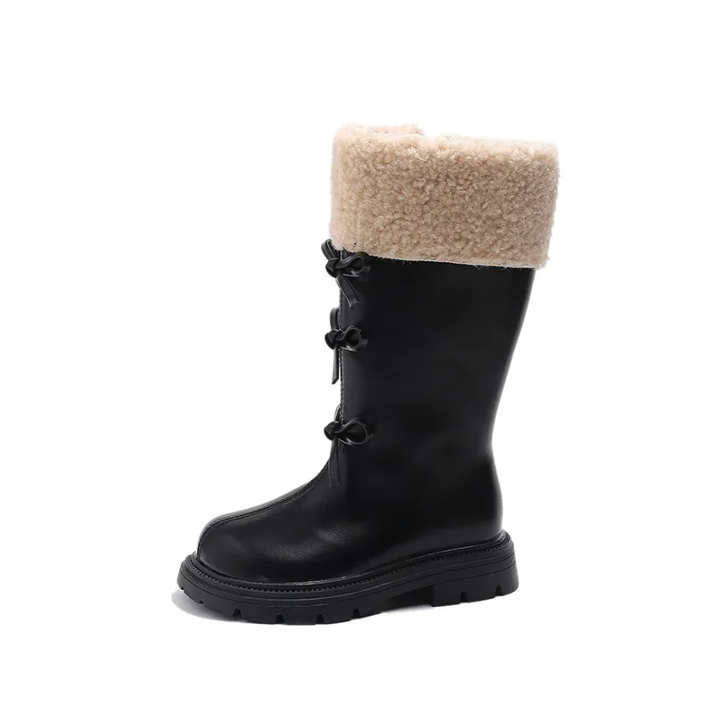 Stivali alti in cotone per bambini per ragazze 2024 inverno nuova moda stile britannico dolce papillon antiscivolo passerella scarpe in pelle chic