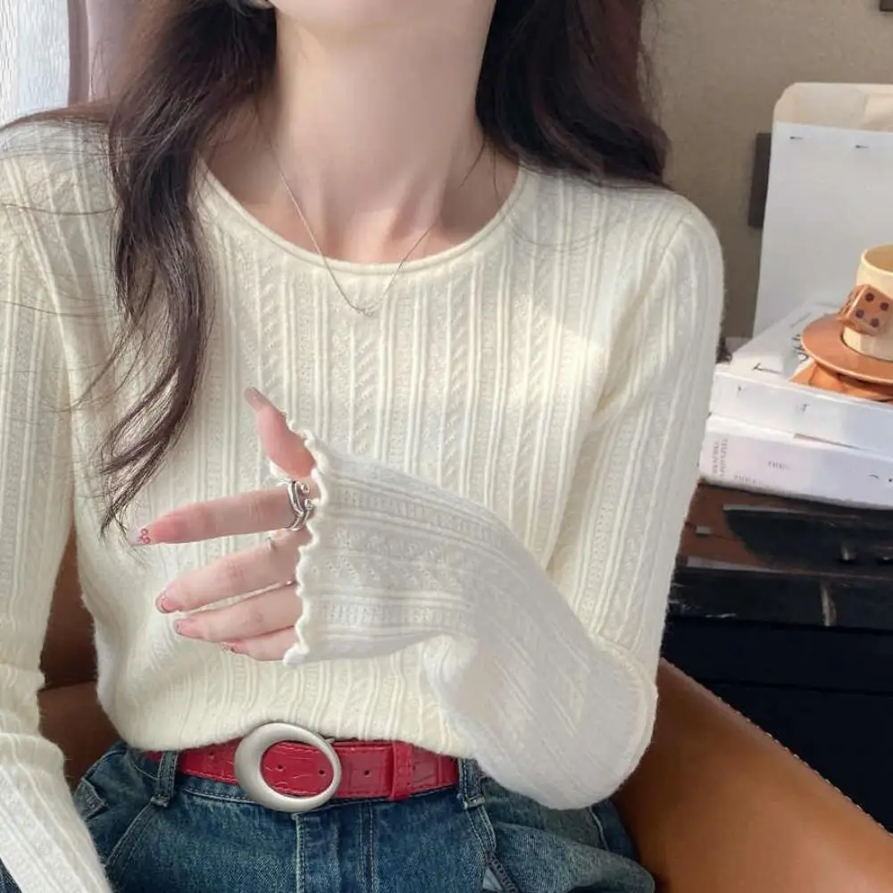 Ruffled Edge Long Sleeved Knitwear Bottoming Shirt Slim Fit Sweater Top Spring Autumn Winter Pullover Knitted Top for Women Fall