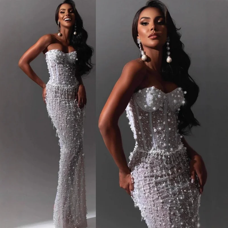 Neue Ankunft Perlen Pailletten Sexy Fishbone Trägerloses Kleid Langes Kleid Europäischen und Amerikanischen Party Abend Hochzeitskleid