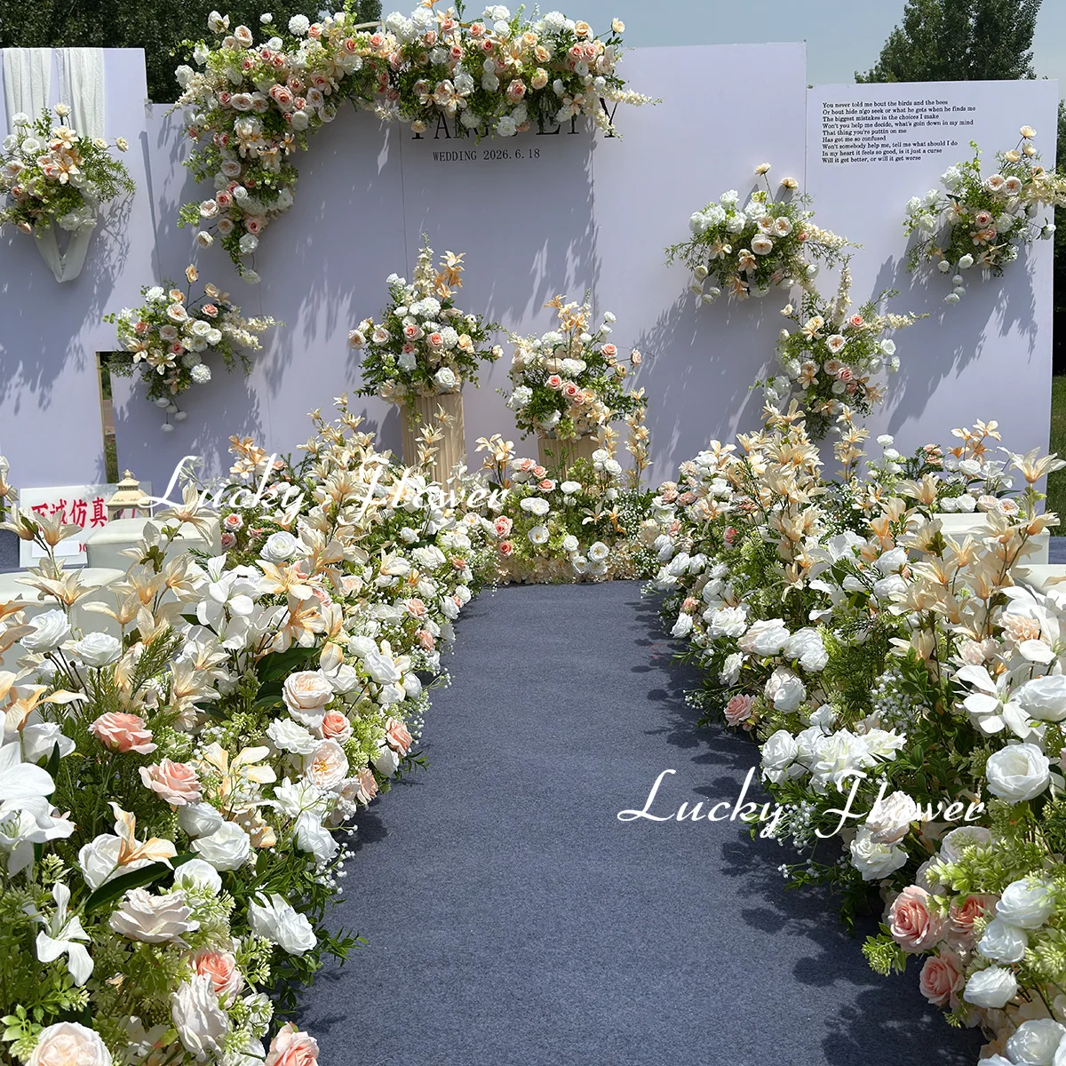 

Champagne Outdoor Artificial Flowers Wedding Decoration Hang Flower Row Road Lead Flower Ball Floral Backdrop Arrangement