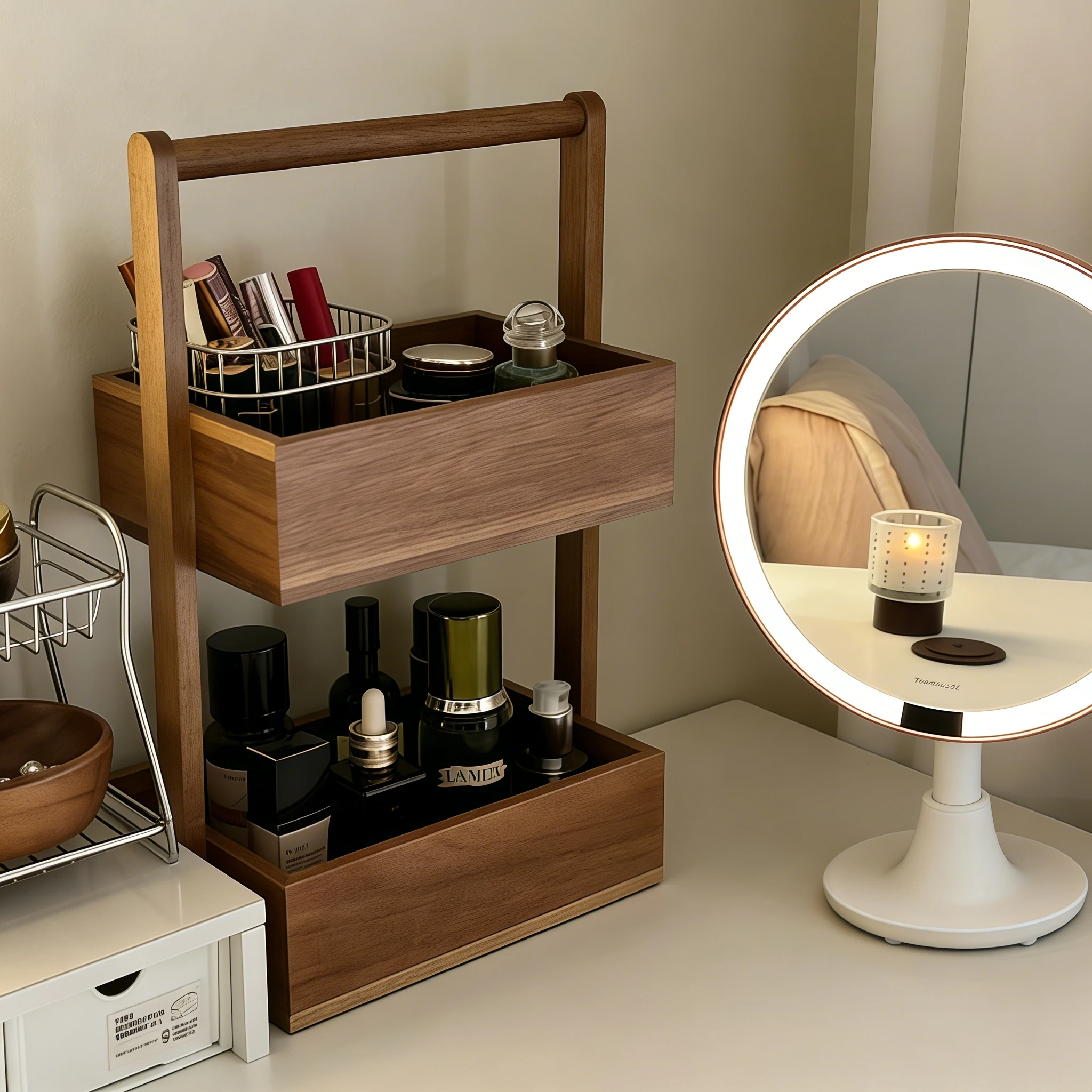 

Elegant Heightened Vanity Mirror Stand Wooden Desktop Organizer Box Storage Solution Simple Design Square Shape Home Storage