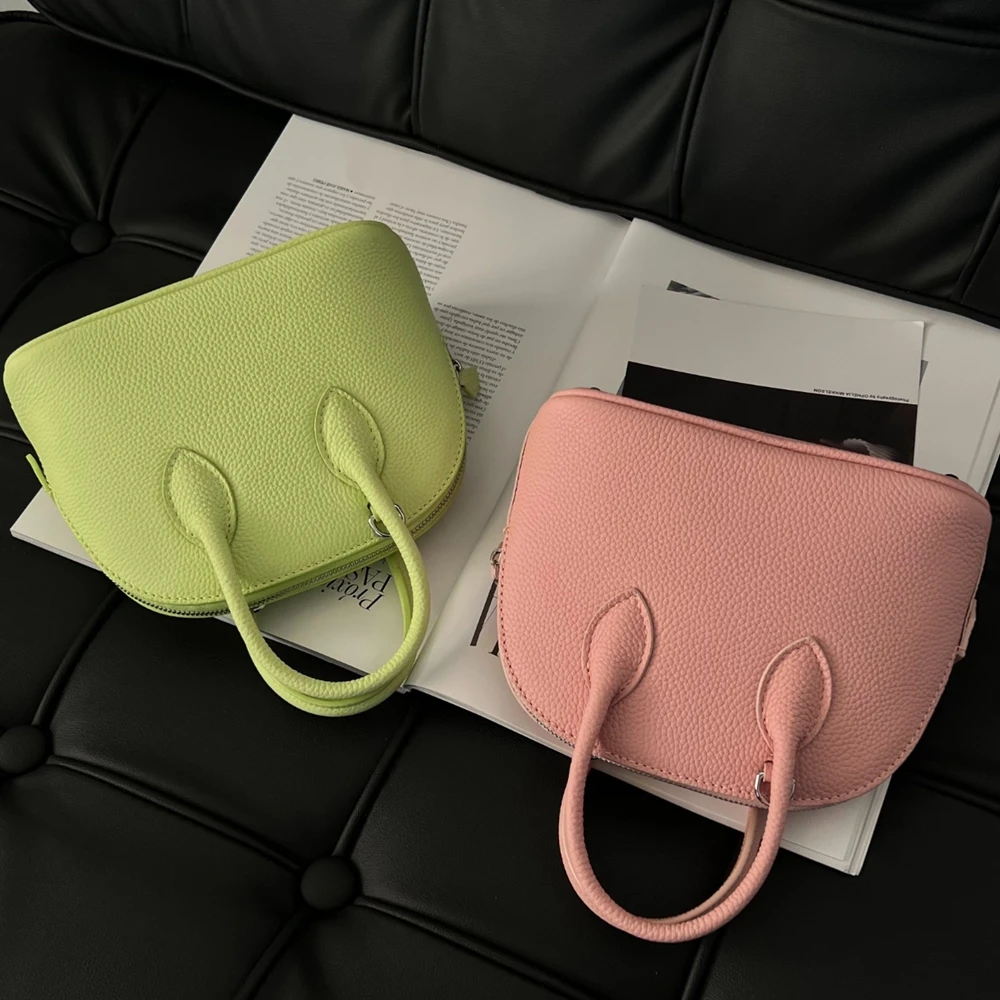 Pink Fashion Cute Simple Shell Bag Genuine Leather Bag\\Handbag For Women Real Cowhide Leather Bowling Bag Shoulder Crossbody Bag