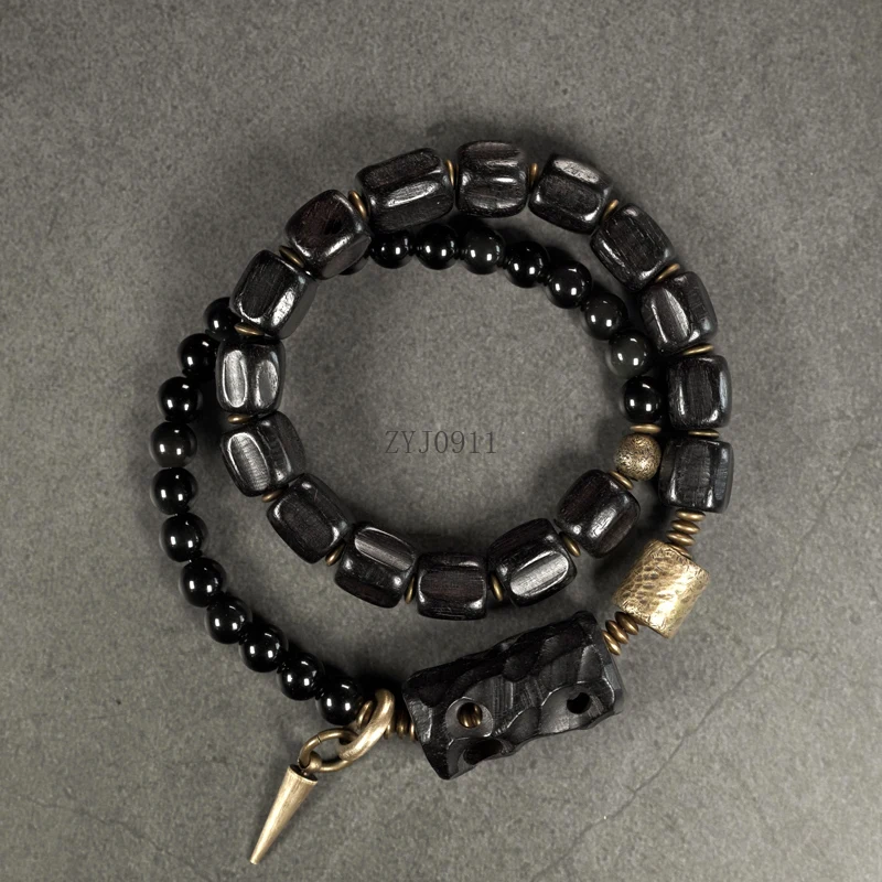 Pulseira artesanal de design de obsidiana de ébano personalidade feminina círculo duplo na moda legal pulseira retrô masculina
