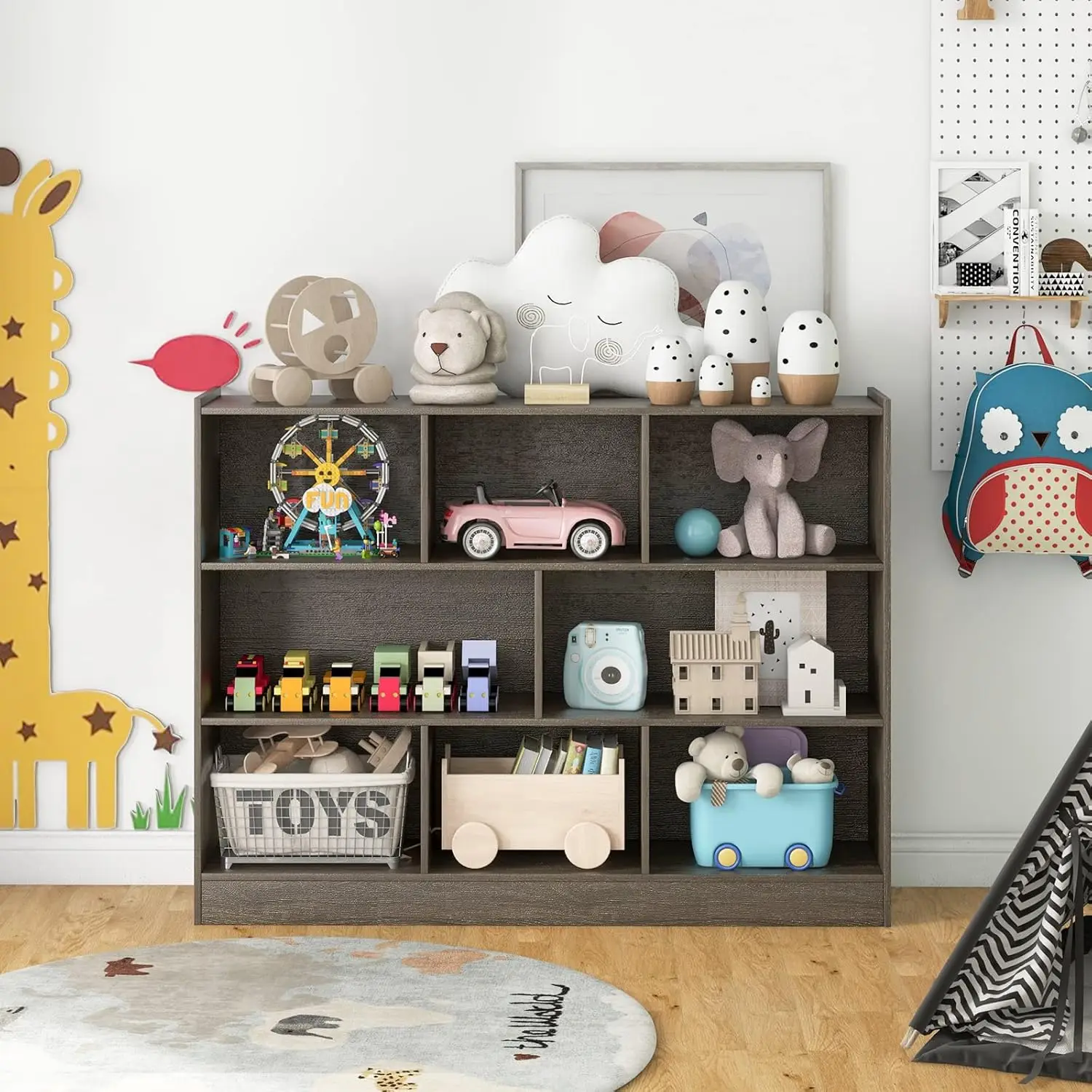 3-Tier Kids Bookshelf, Wooden Toy Organizer, Gray, Small Book Shelf for Bedroom, Playroom, Classroom, Nursery