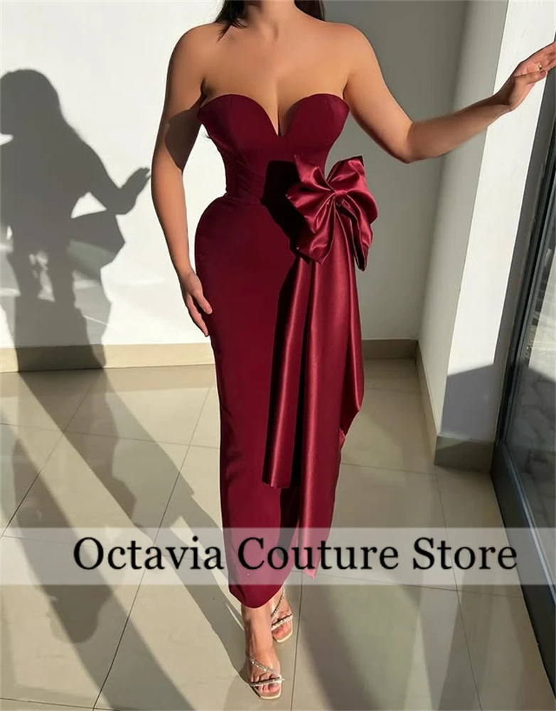 

Arabic Evening Dress for Wedding Party Sweetheart Tea Length Mermaid Burgundy Customized Prom Gown