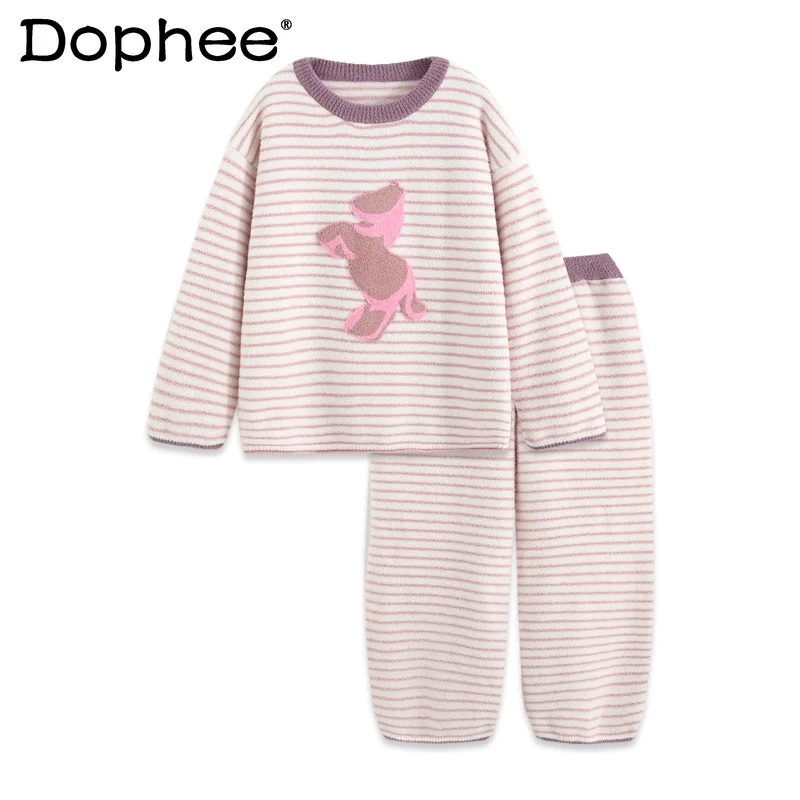 

2025 New Autumn Winter Soft Thickened Striped Pajamas Coral Fleece Warm Cartoon Cute Sweet Homewear for Women