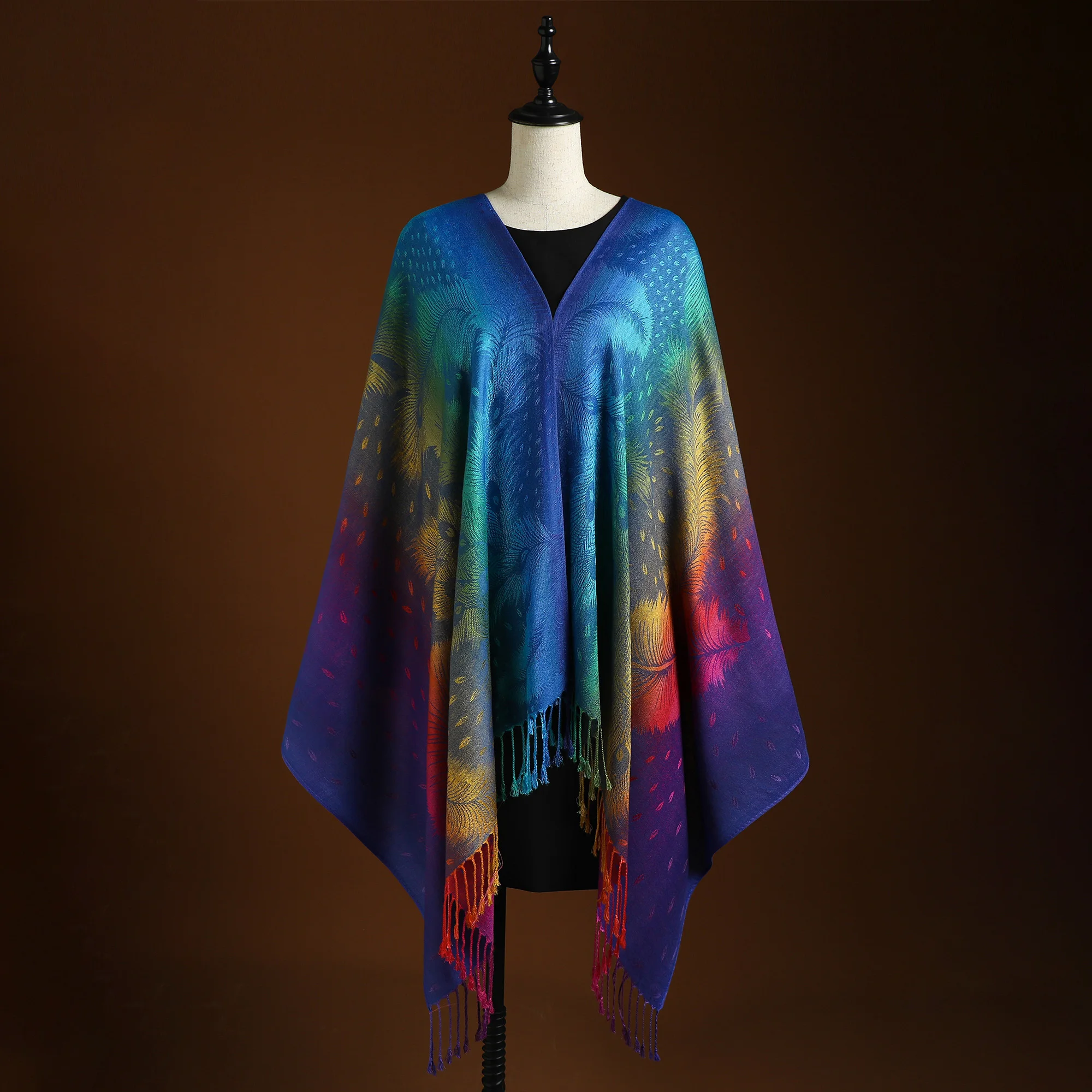 Elegant Peacock Feather Jacquard Scarf with Gradient Colors and Tassels - Perfect for Mardi Gras, Beach, and Casual Wear