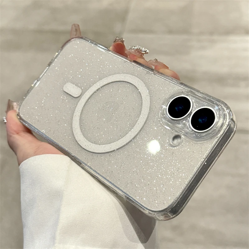 Funda transparente Magsafe con purpurina de lujo para iPhone 13, 14, 15, 16, 17 Pro Max Air Plus, funda ostentosa suave con carga inalámbrica magnética