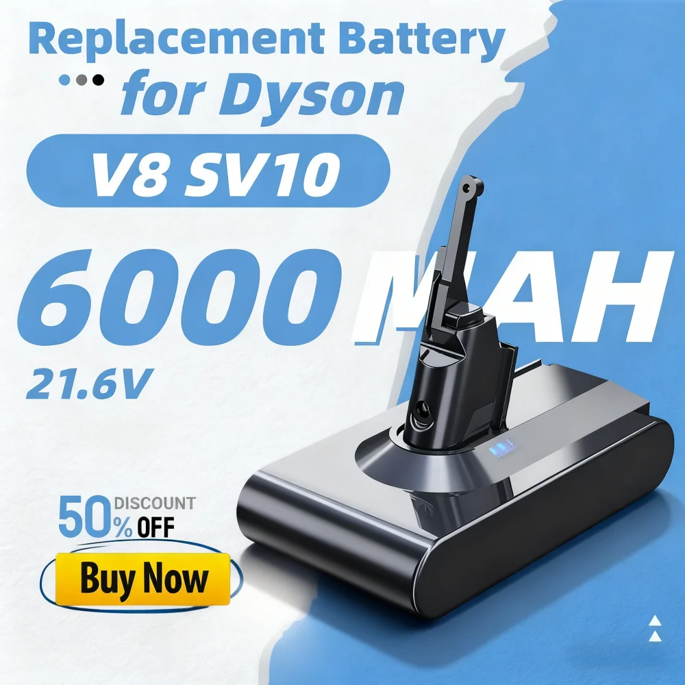 21.6V Replacement for Dyson V8 Battery 6000mAh SV10 Cordless Handheld Vacuum,Animal Motorhead Carbon Fiber Fluffy Series Battery